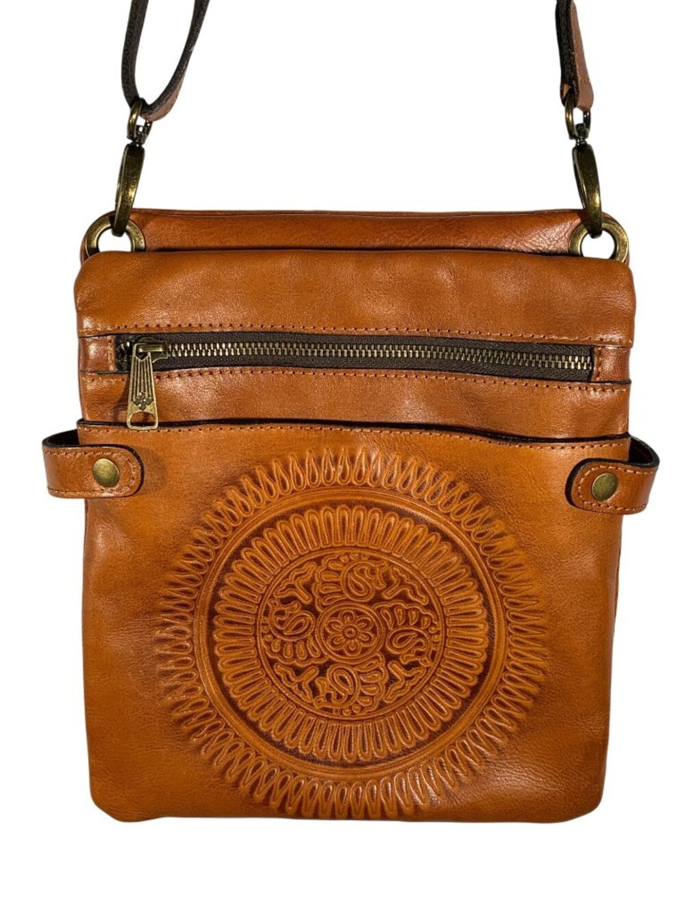 Patricia Nash Francesca Embossed Leather Brown Messenger Bag With Adjustable Str
